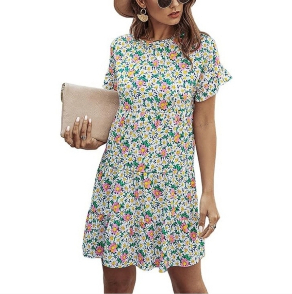 Kirundo Ruffle Short Sleeve Floral Babydoll, Tiered Mini Dress SZ S, 18"PTP, 34L